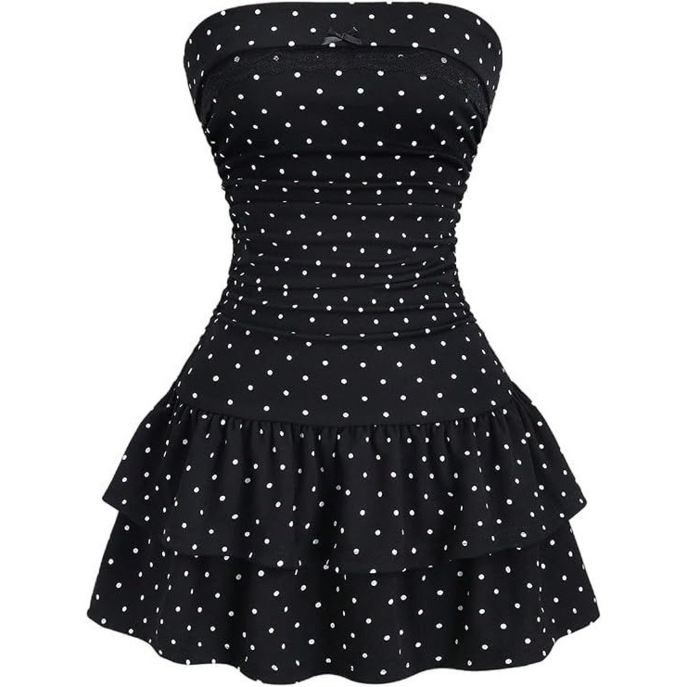 Verdusa Women's Strapless Ruffle Layered Ruched Tube Dress - Black Polka Dot XS